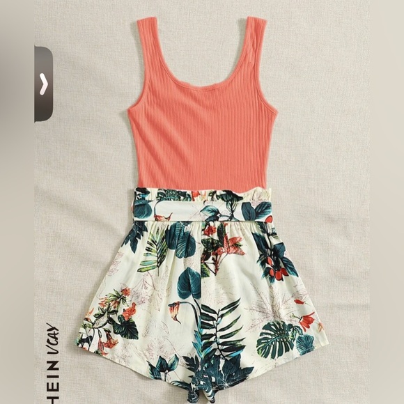 2XL SHEIN VCAY Tropical Print Waist Belted Tank Romper! - Picture 3 of 5